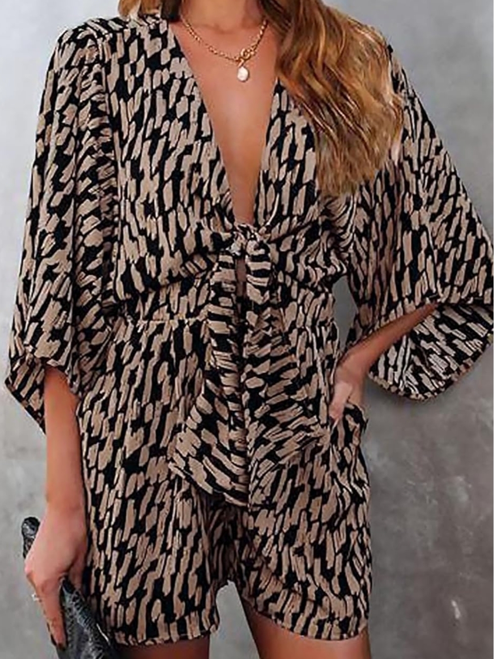 Neutral Animal Print Tie-Front Romper Size L By Pretty Garden
